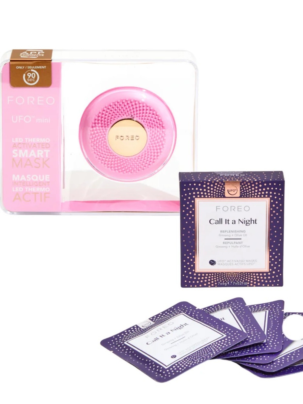 NWT FOREO UFO Mini Smart Mask Device with Purple Call It a Night Sachets - Pink